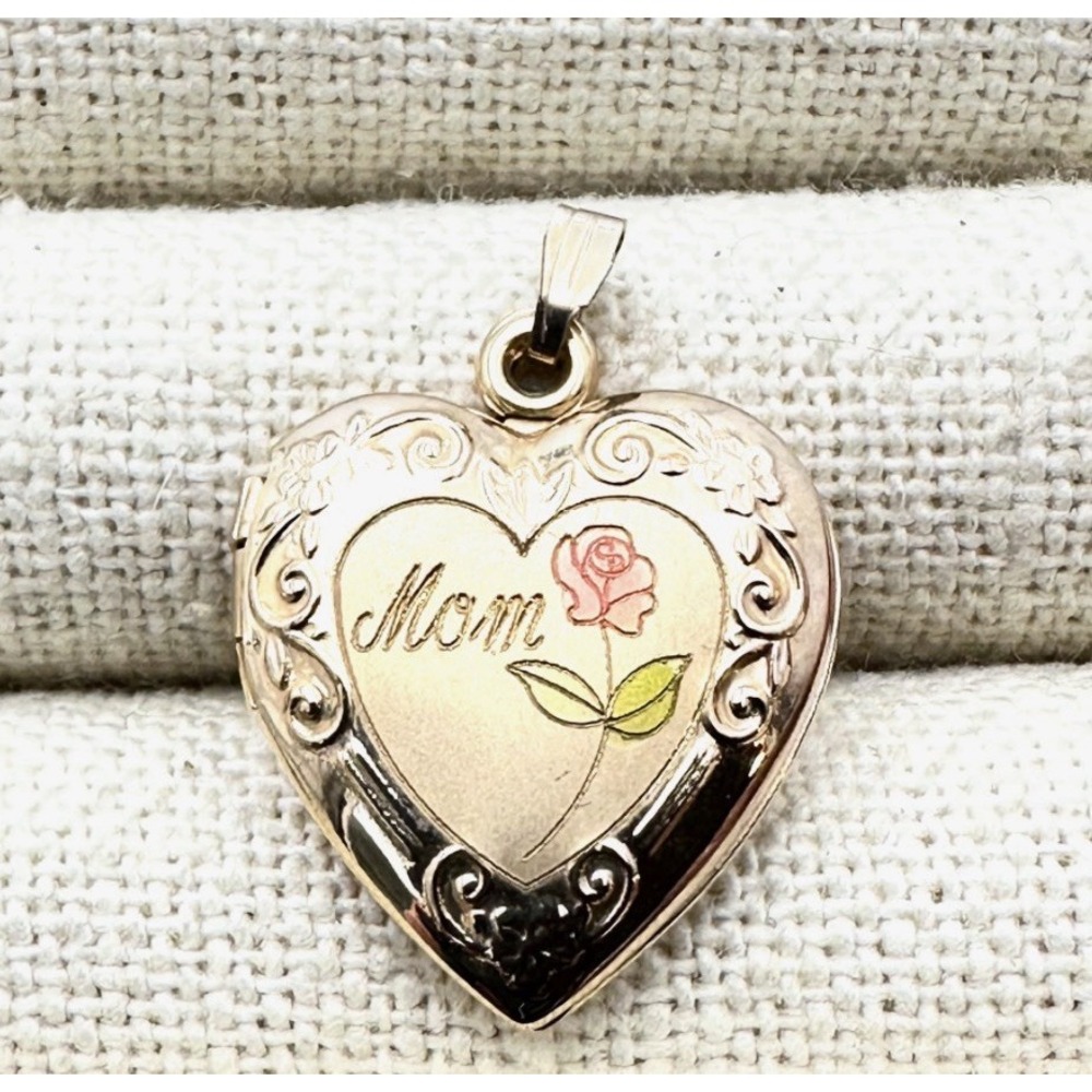 Vintage Mom Heart Gold Filled Locket Pendant Enamel Rose Engraved Scrollwork